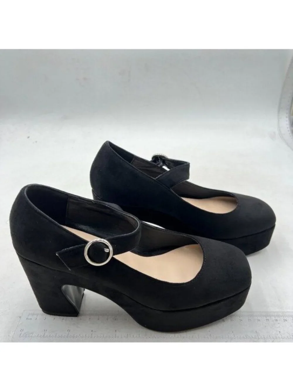 FOWT Classic Platform Mary Jane Shoes for Women Ankle Buckle Strap Pumps Black